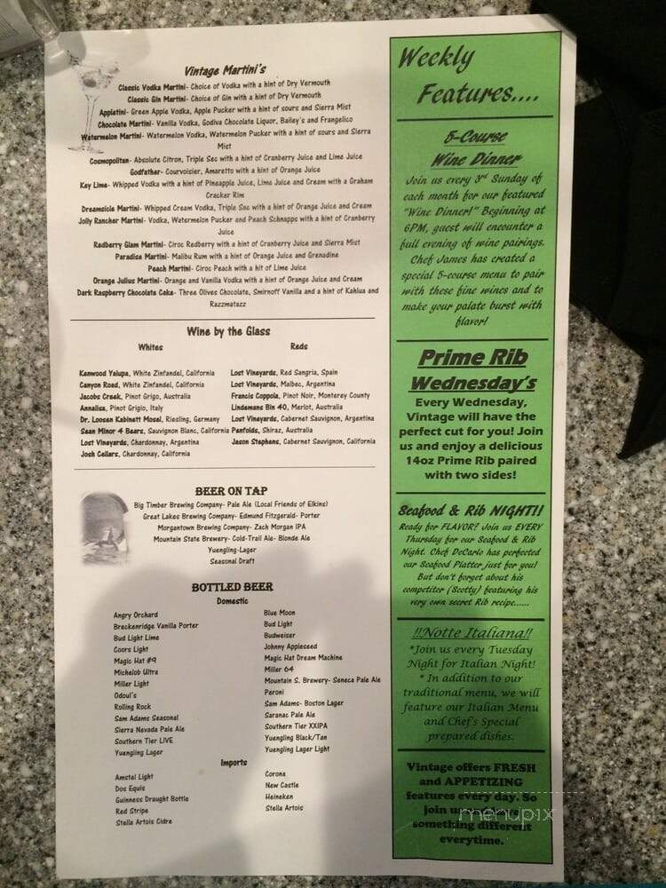 Vintage Restaurant and Wine Bar - Elkins, WV menu_pic