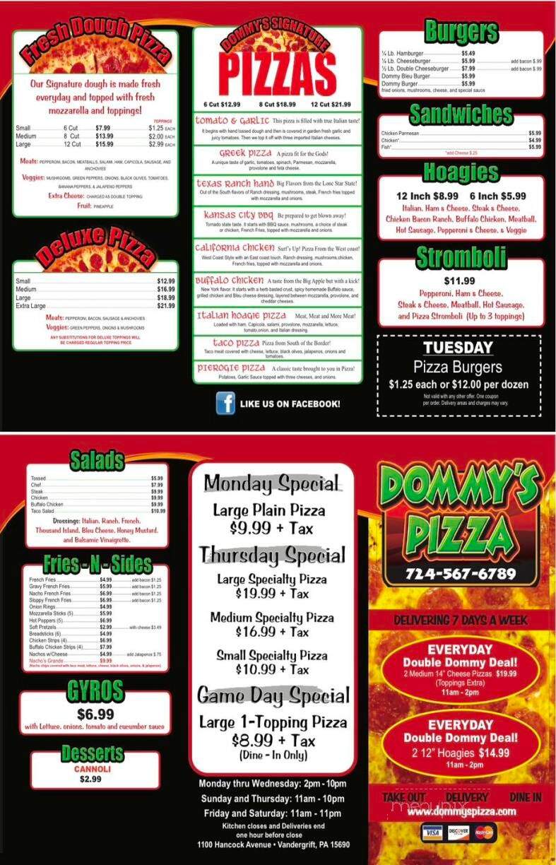 Dommy's Pizza - Vandergrift, PA menu_pic