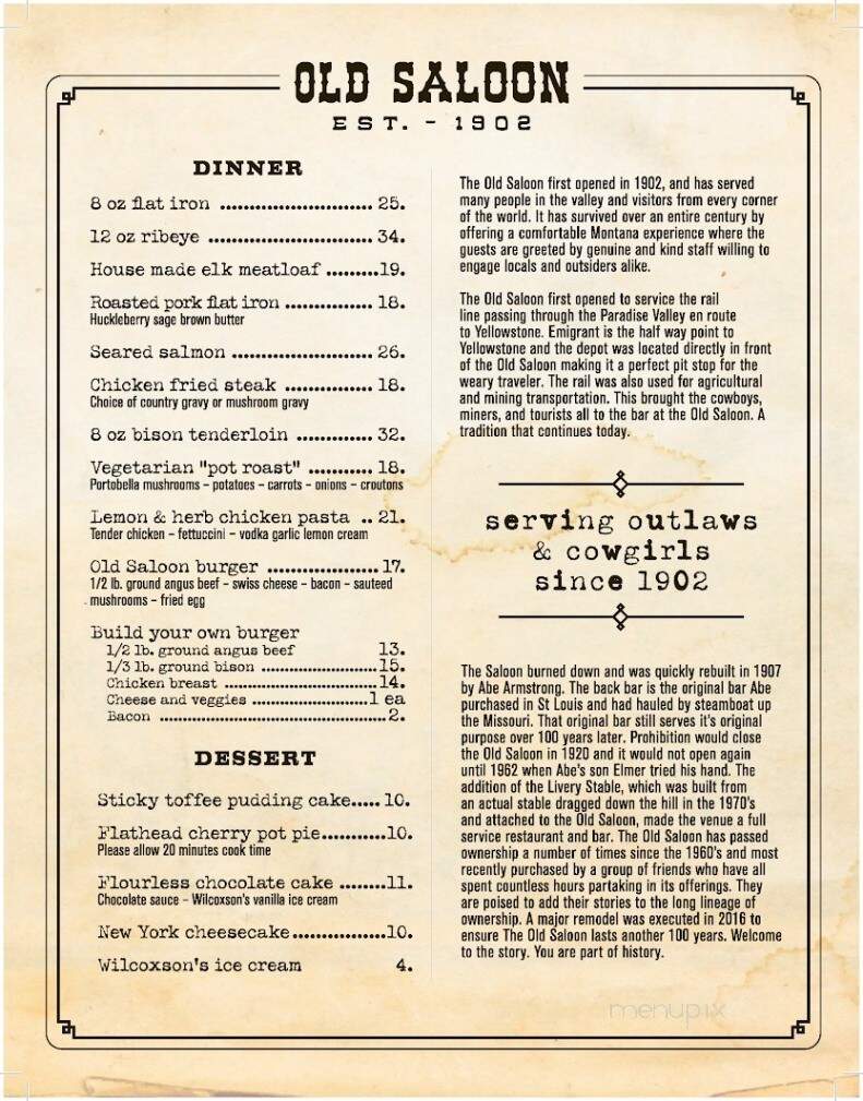 The Old Saloon and Livery Stable - Emigrant, MT menu_pic
