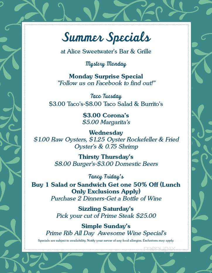 Alice Sweetwaters Bar - Naples, FL menu_pic