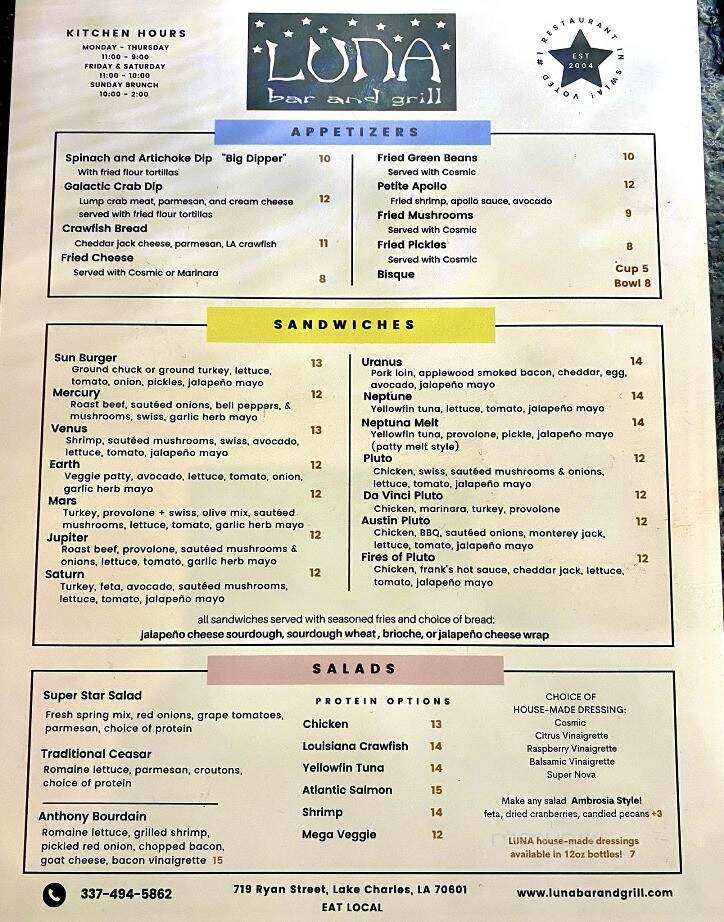 Luna Bar & Grill - Lake Charles, LA menu_pic