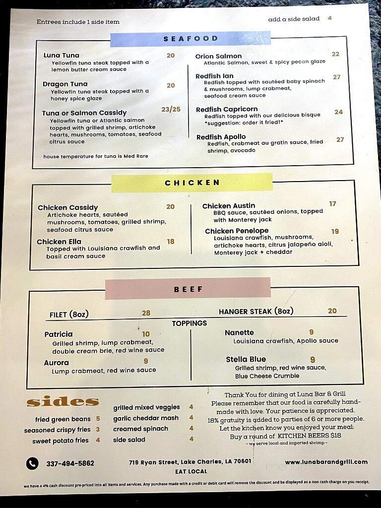 Luna Bar & Grill - Lake Charles, LA menu_pic