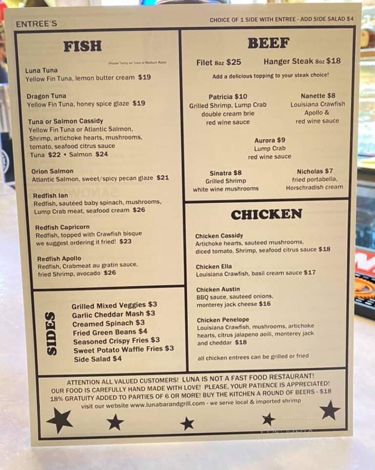Luna Bar & Grill - Lake Charles, LA menu_pic