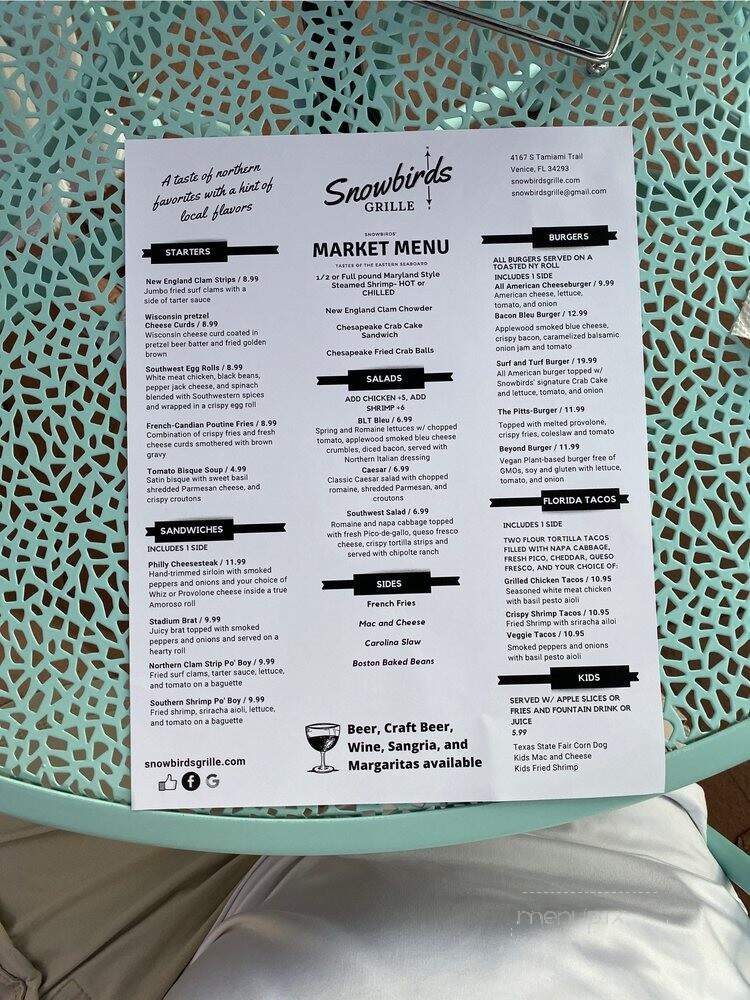 Snowbirds Grille - Venice, FL menu_pic