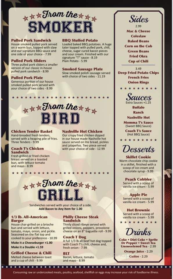 Coach T's All American Grill - Eagleville, TN menu_pic