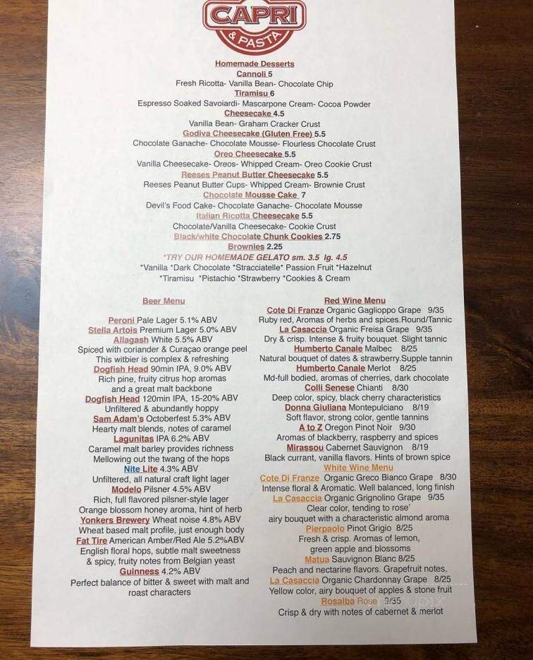 Capri Pizza - Tarrytown, NY menu_pic