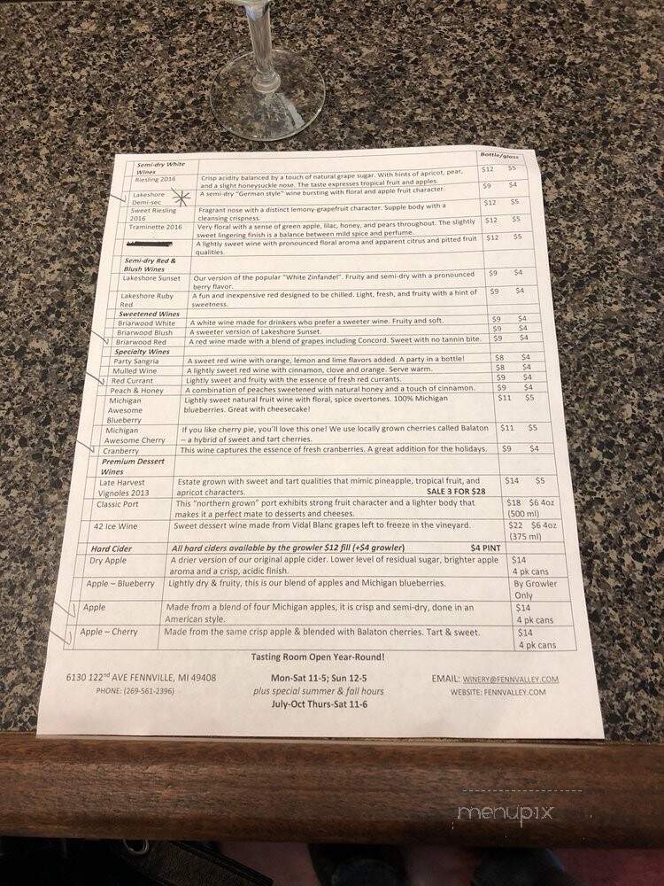 Fenn Valley Vineyards - Fennville, MI menu_pic