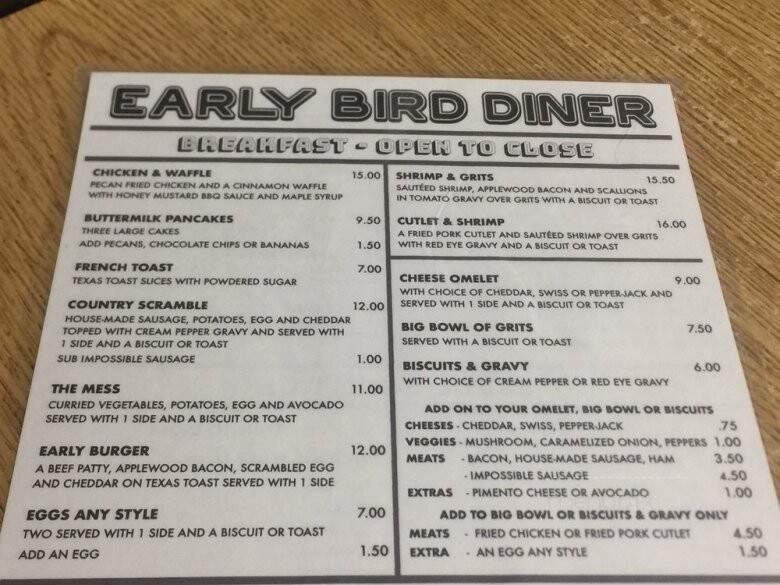 The Early Bird Diner - Charleston, SC menu_pic