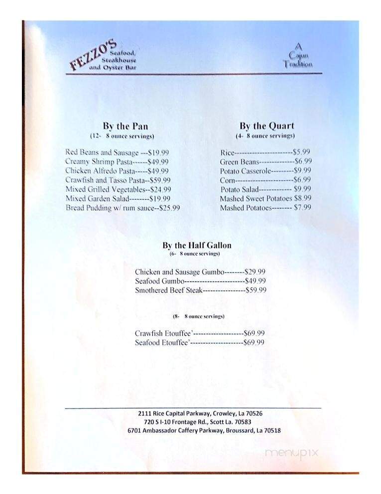 Fezzo's Seafood & Steakhouse - Scott, LA menu_pic