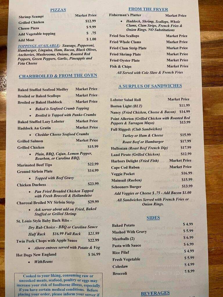 Schooners - Hull, MA menu_pic