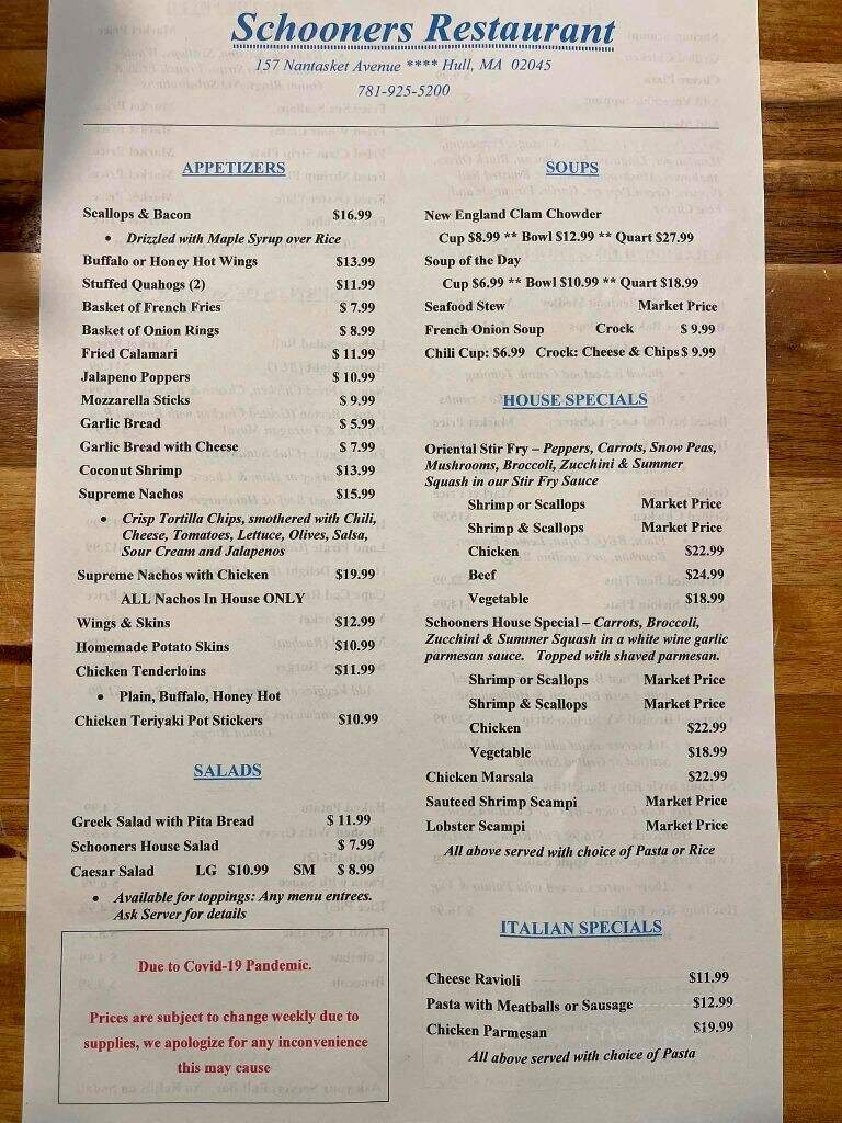 Schooners - Hull, MA menu_pic