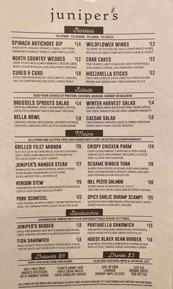 Juniper's At The Wildflower - Lyndonville, VT menu_pic
