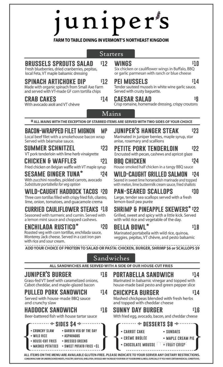 Juniper's At The Wildflower - Lyndonville, VT menu_pic