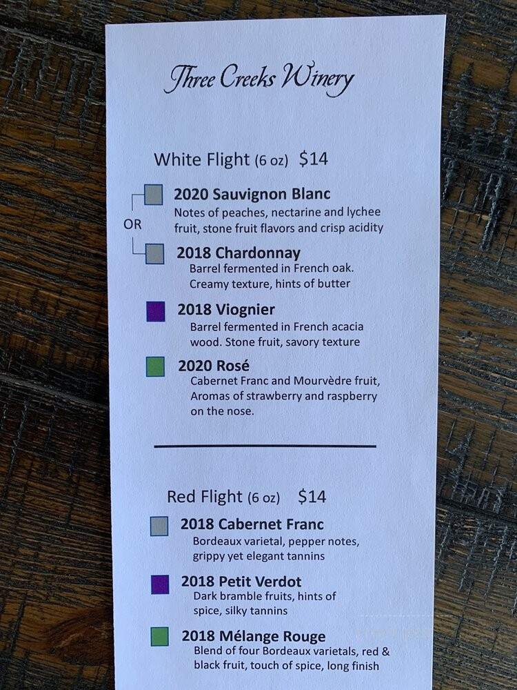 Three Creeks Winery - Hamilton, VA menu_pic