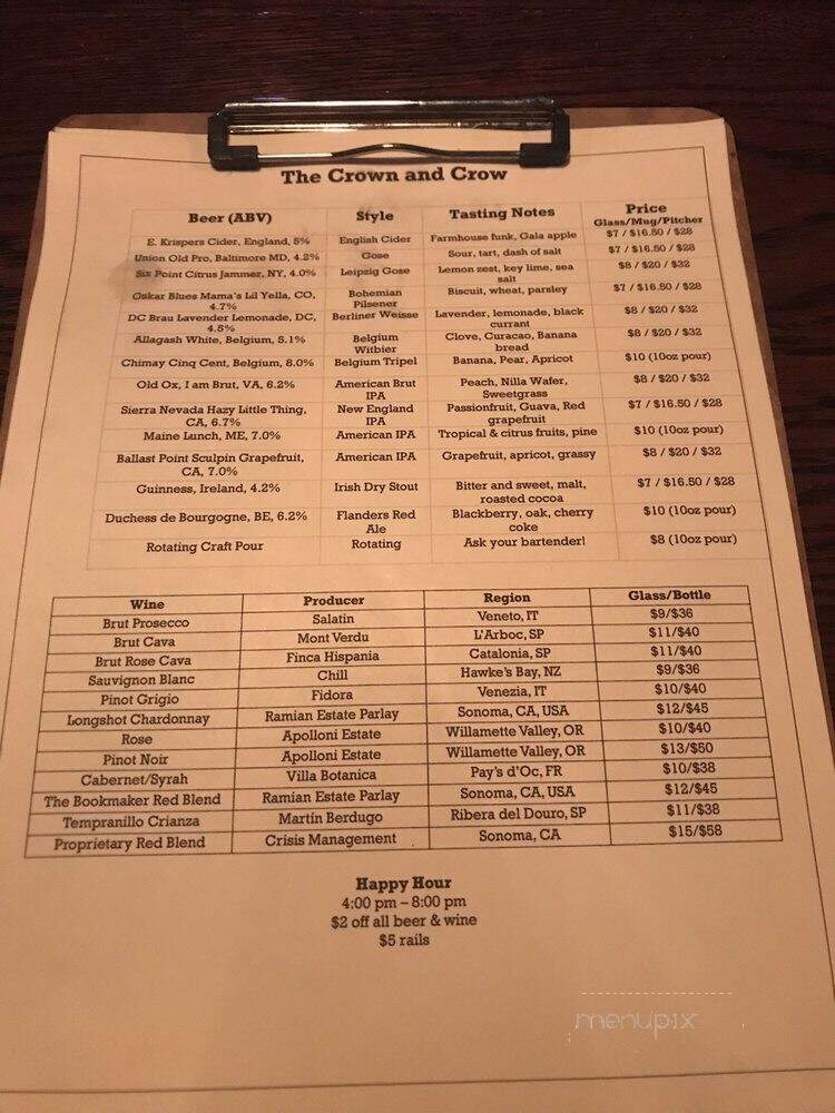The Crown & Crow - Washington, DC menu_pic