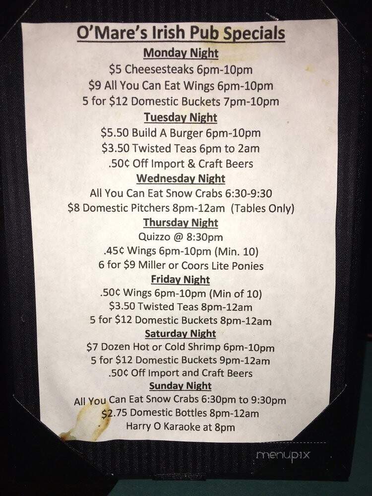 O'Mares Irish Pub - Philadelphia, PA menu_pic