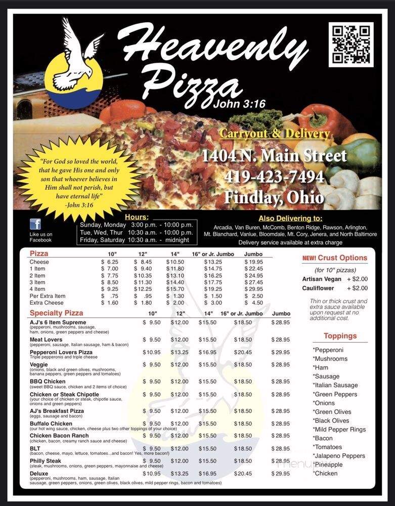 Aj's Heavenly Pizza Menu in Findlay, OH Order Delivery & Reviews