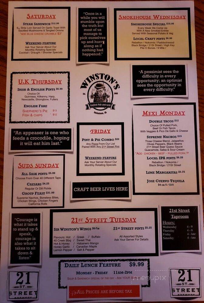 Winston's English Pub & Grill - Saskatoon, SK menu_pic