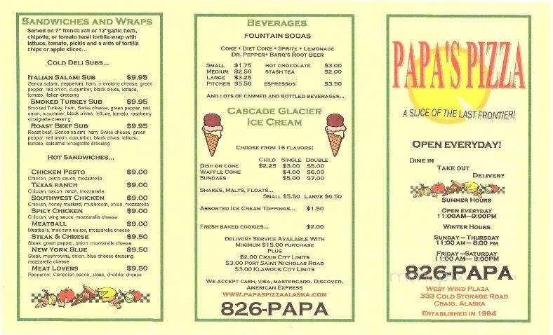 Papa's Pizza - Craig, AK menu_pic