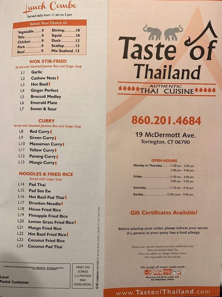 Taste of Thailand - Torrington, CT menu_pic