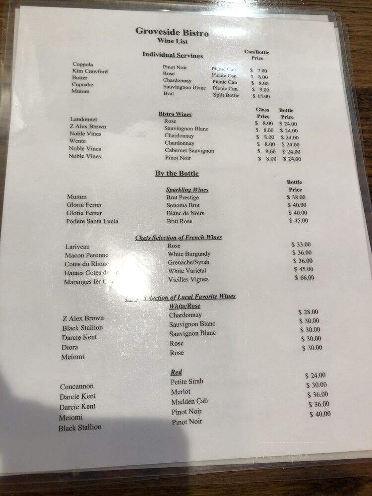 Groveside Bistro - Clayton, CA menu_pic