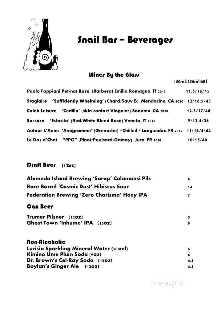 Snail Bar - Oakland, CA menu_pic