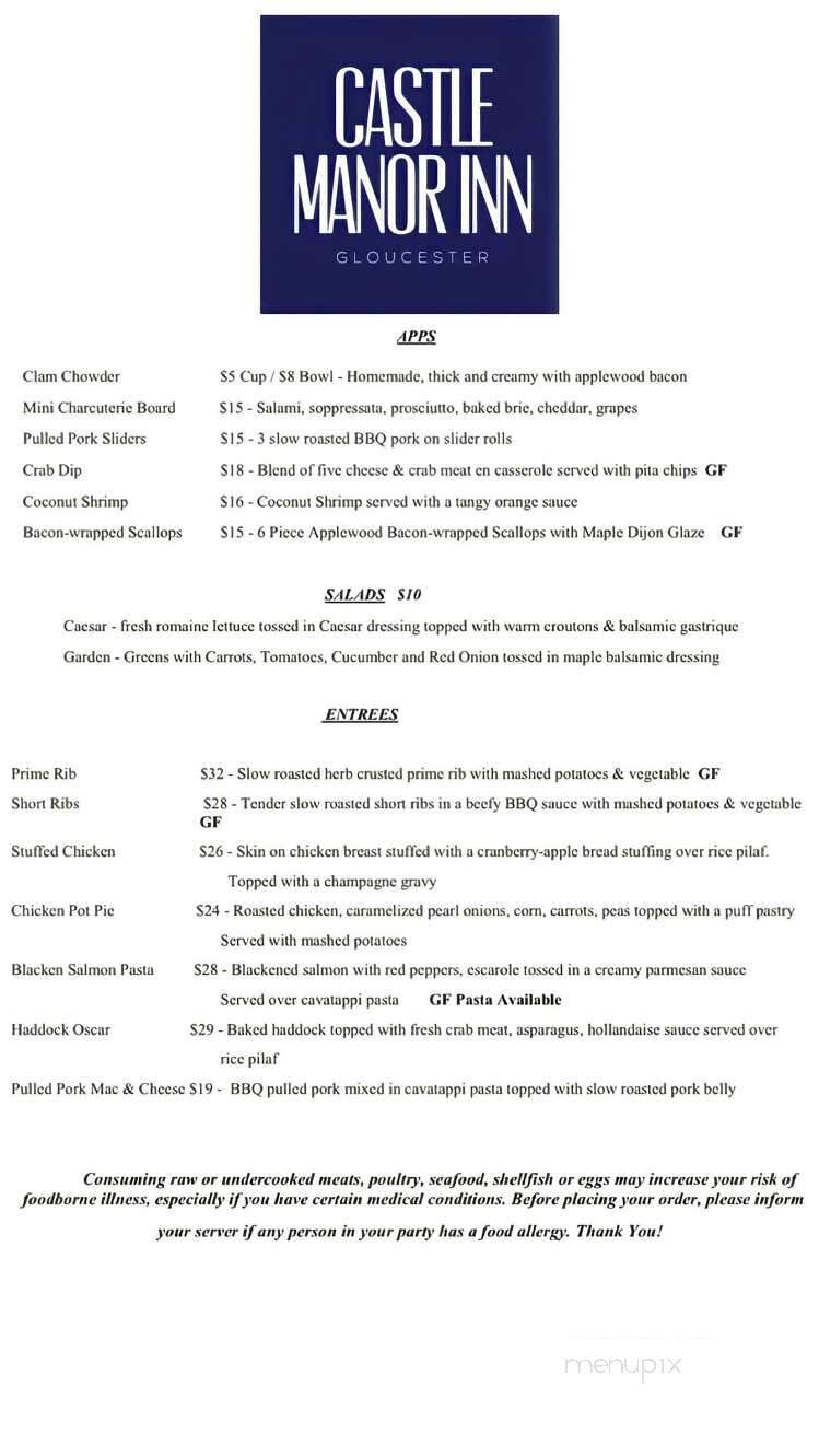 Castle Manor Inn - Gloucester, MA menu_pic