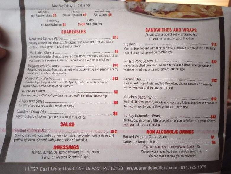 Arundel Cellars & Brewing - North East, PA menu_pic