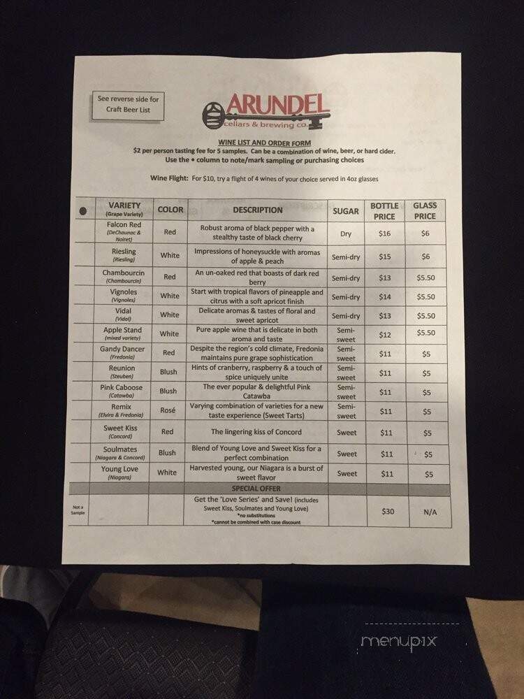 Arundel Cellars & Brewing - North East, PA menu_pic