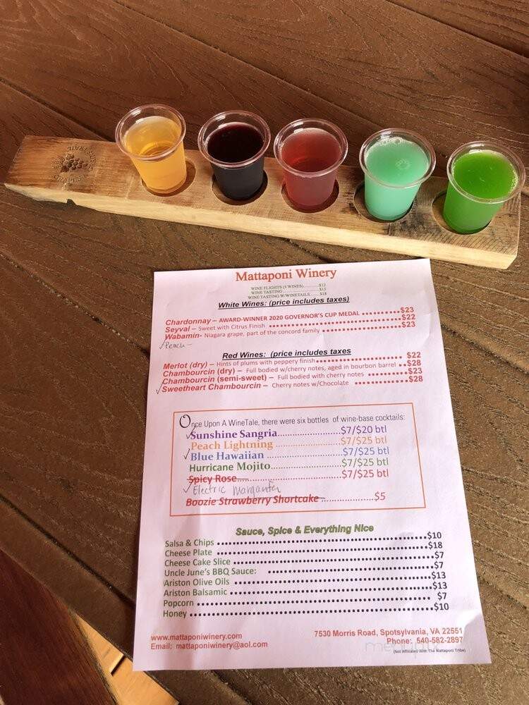 Mattaponi Winery - Spotsylvania, VA menu_pic