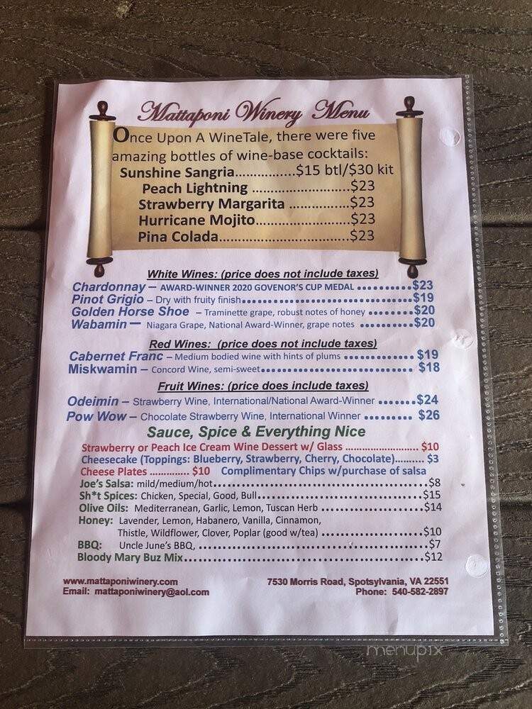 Mattaponi Winery - Spotsylvania, VA menu_pic