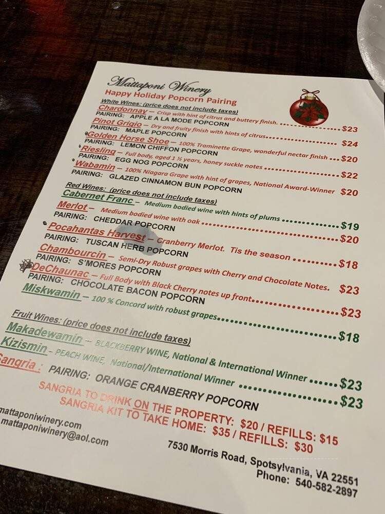 Mattaponi Winery - Spotsylvania, VA menu_pic