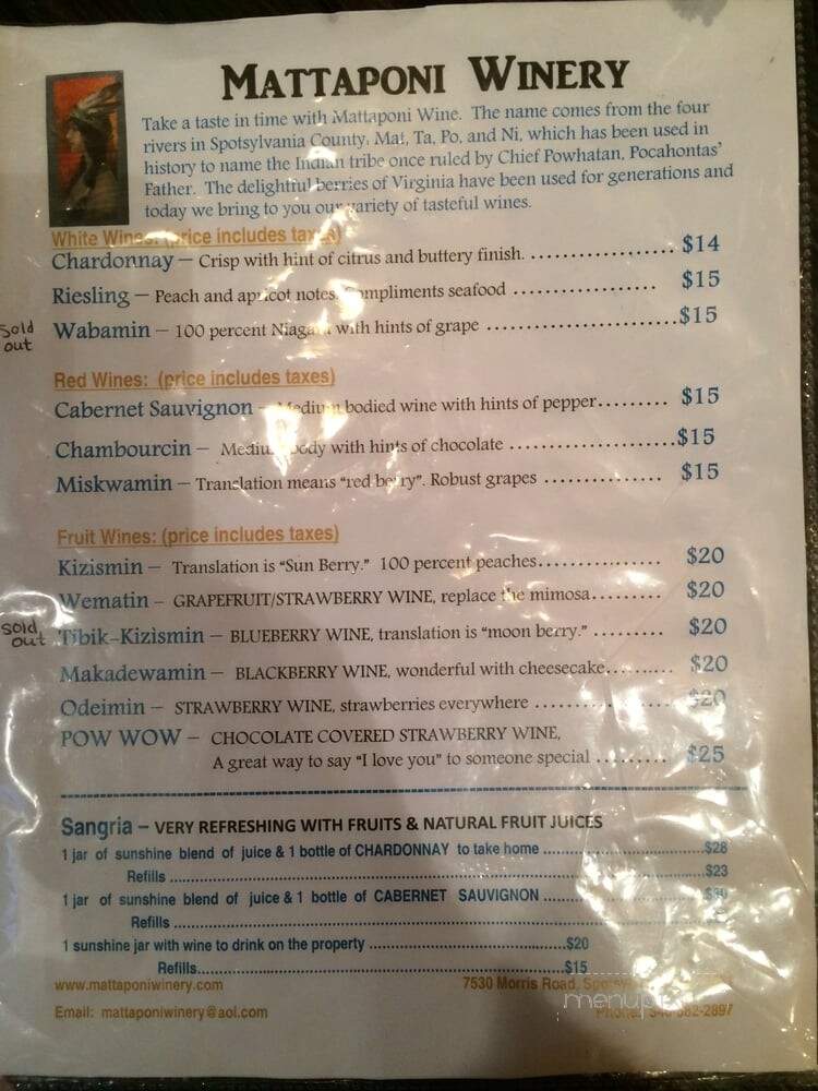 Mattaponi Winery - Spotsylvania, VA menu_pic