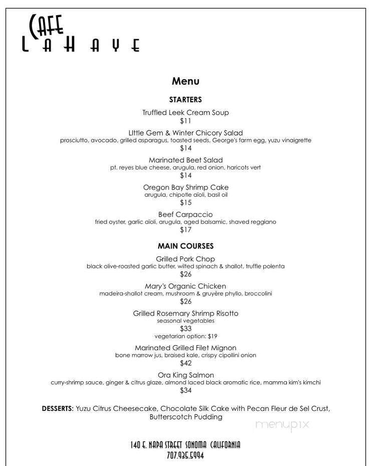 Cafe La Haye - Sonoma, CA menu_pic