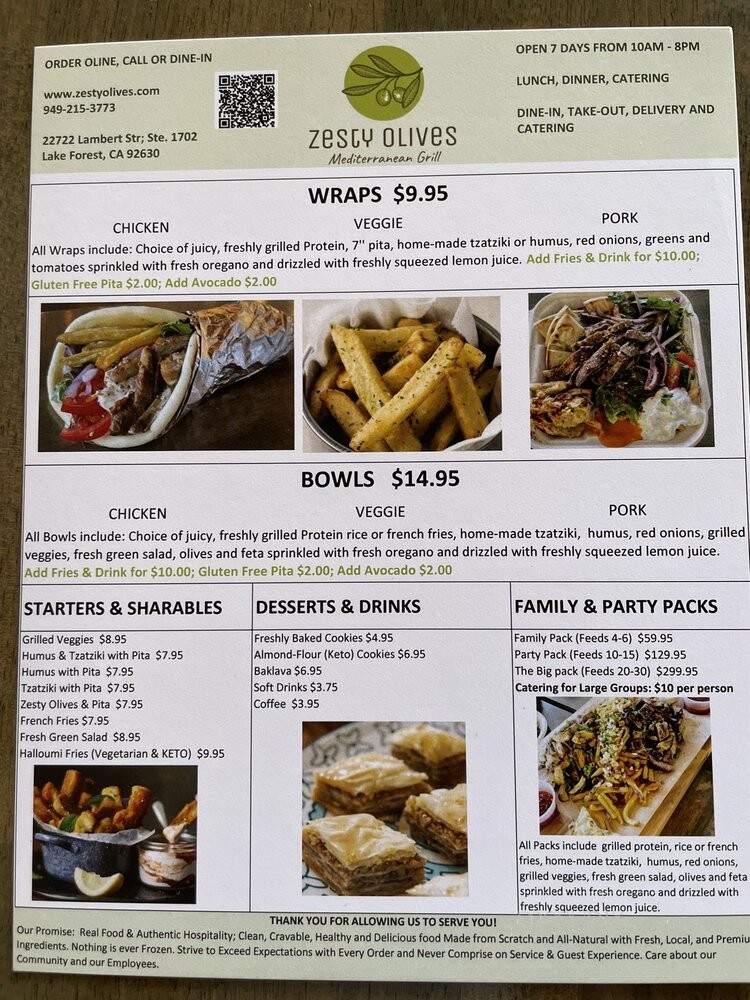 Zesty Olives Mediterranean Grill - Lake Forest, CA menu_pic