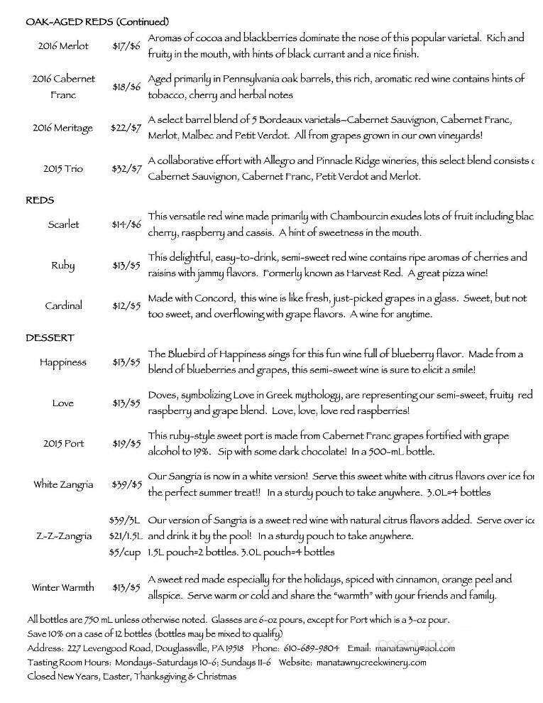 Manatawny Creek Winery - Douglassville, PA menu_pic