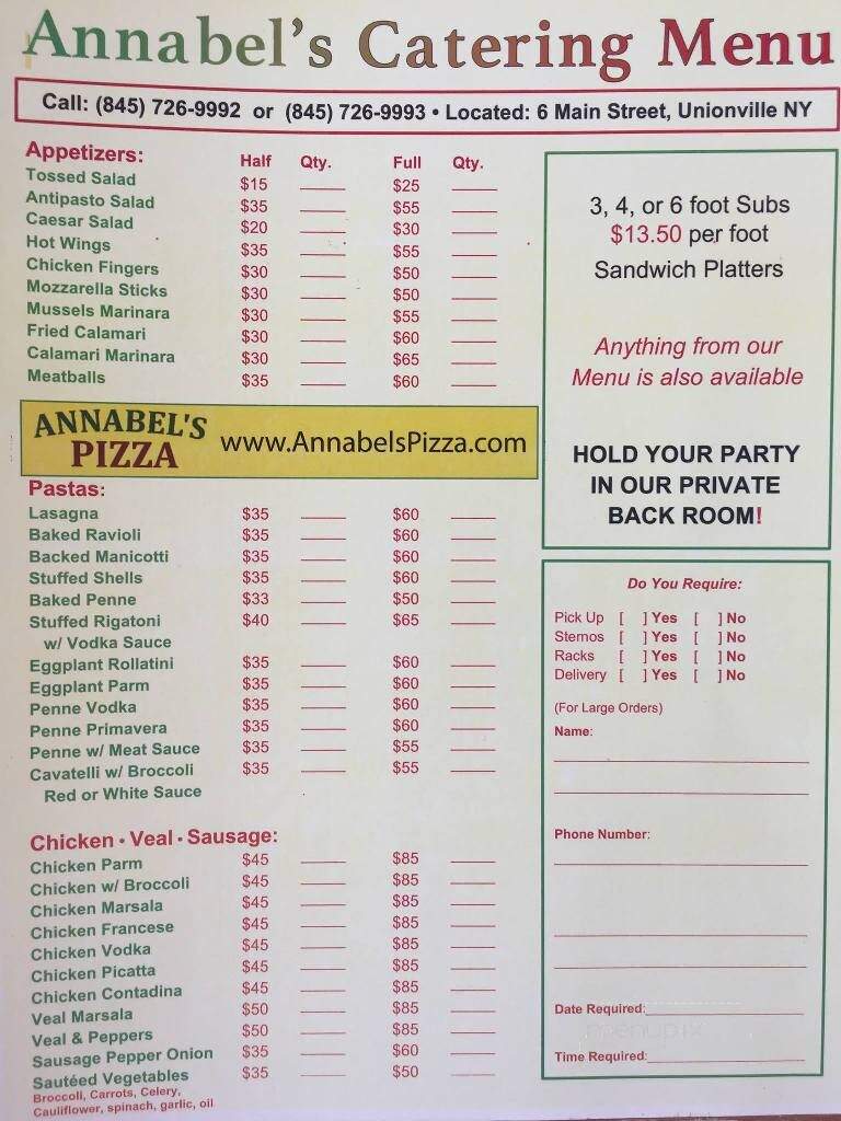 Annabel's Pizza and Italian Restaurant - Unionville, NY menu_pic