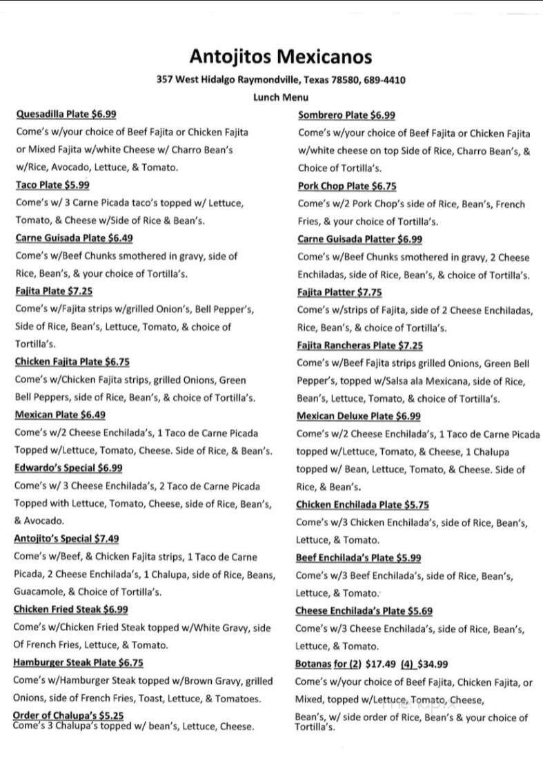 Antojitos Mexicano - Raymondville, TX menu_pic