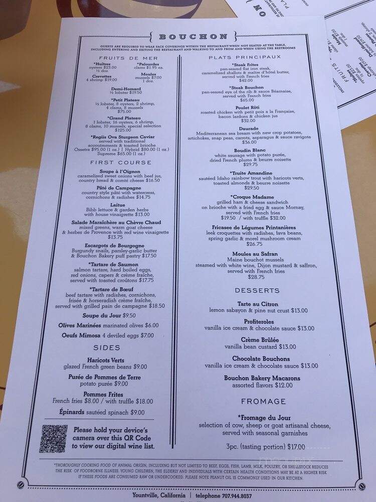 Bouchon Restaurant - Yountville, CA menu_pic
