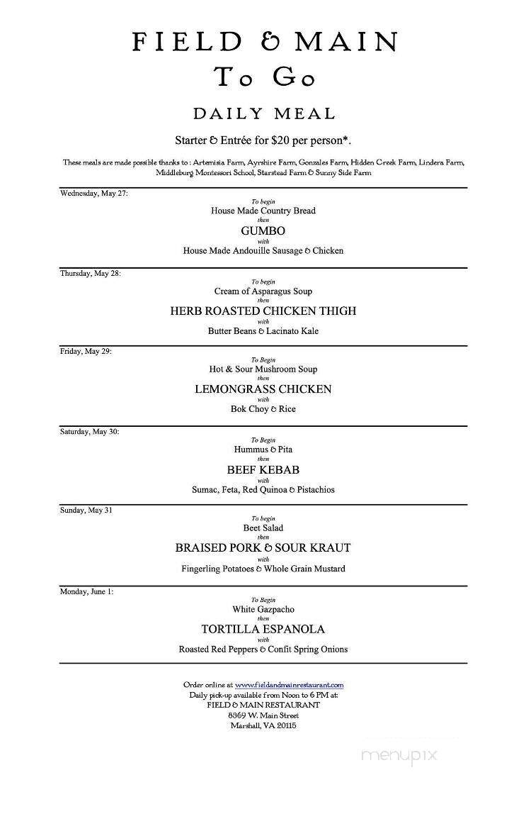 Field & Main Restaurant - Marshall, VA menu_pic