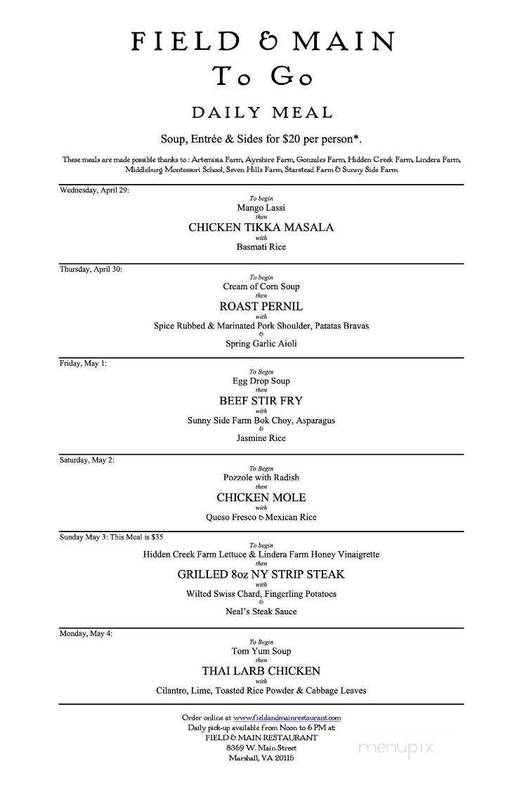 Field & Main Restaurant - Marshall, VA menu_pic
