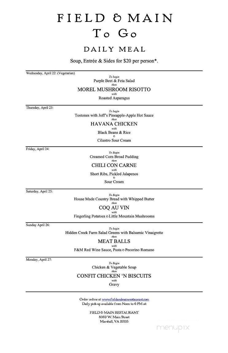 Field & Main Restaurant - Marshall, VA menu_pic