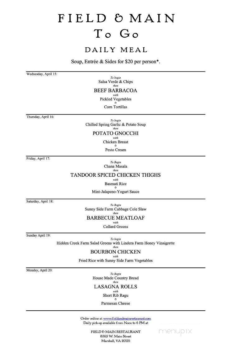 Field & Main Restaurant - Marshall, VA menu_pic