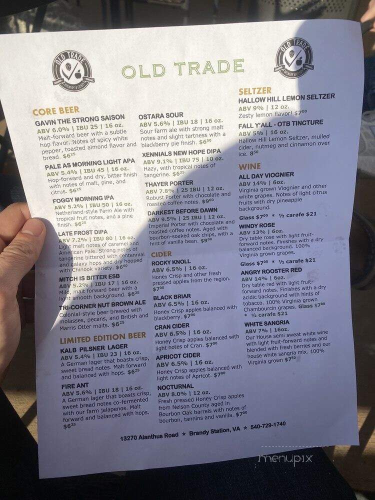 Old Trade Brewery - Brandy Station, VA menu_pic