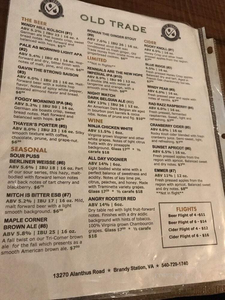 Old Trade Brewery - Brandy Station, VA menu_pic