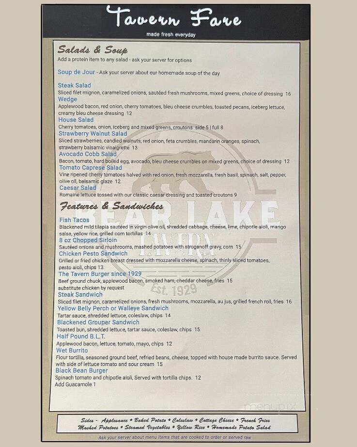 Thrasher's Bear Lake Tavern - North Muskegon, MI menu_pic