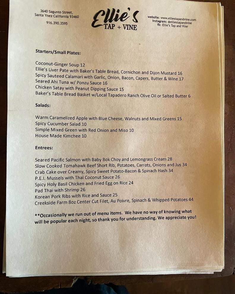 Ellie's Tap & Vine - Santa Ynez, CA menu_pic