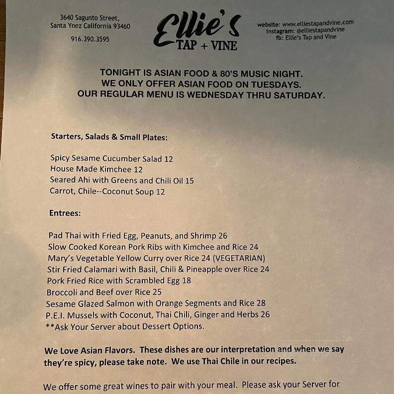 Ellie's Tap & Vine - Santa Ynez, CA menu_pic