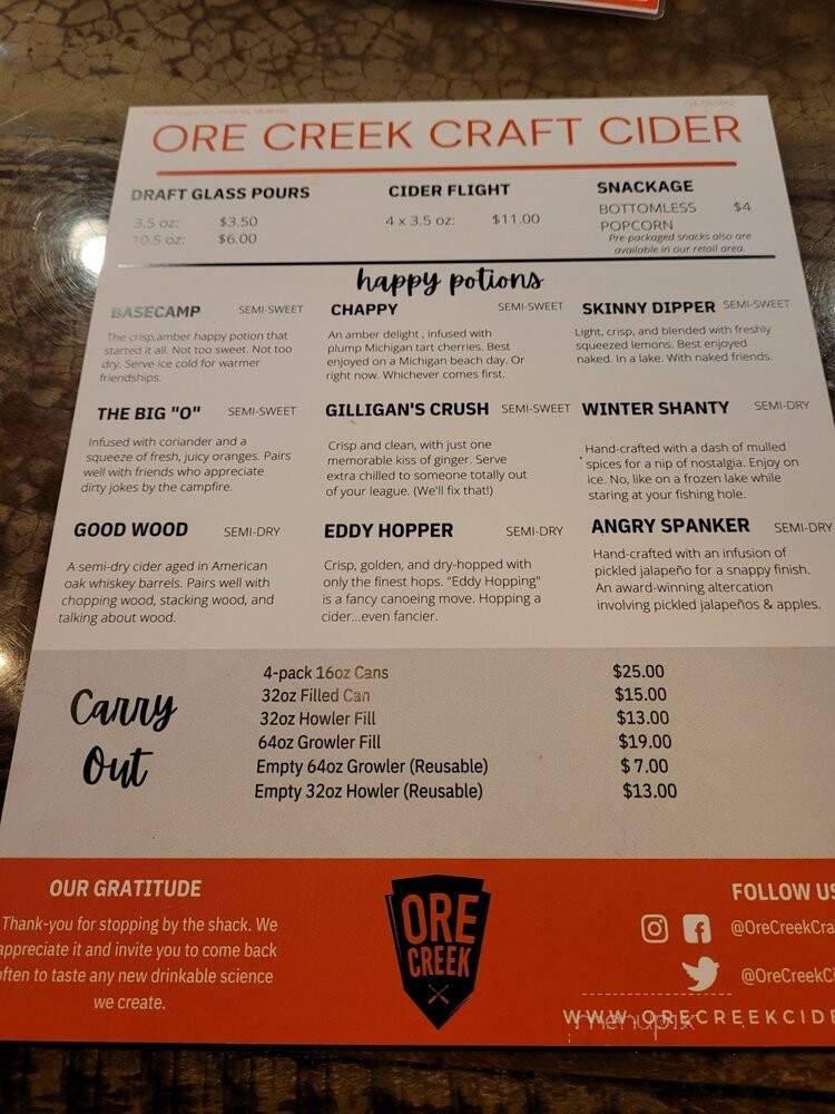 Ore Creek Craft Cider - Pinckney, MI menu_pic