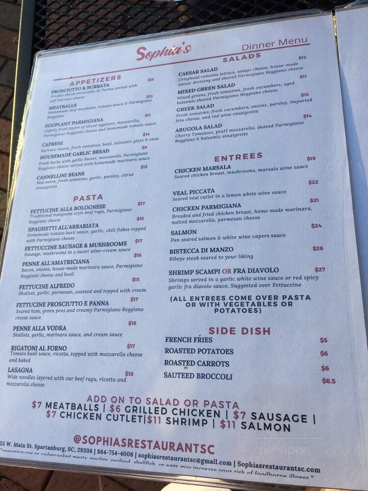 Sophia's - Spartanburg, SC menu_pic
